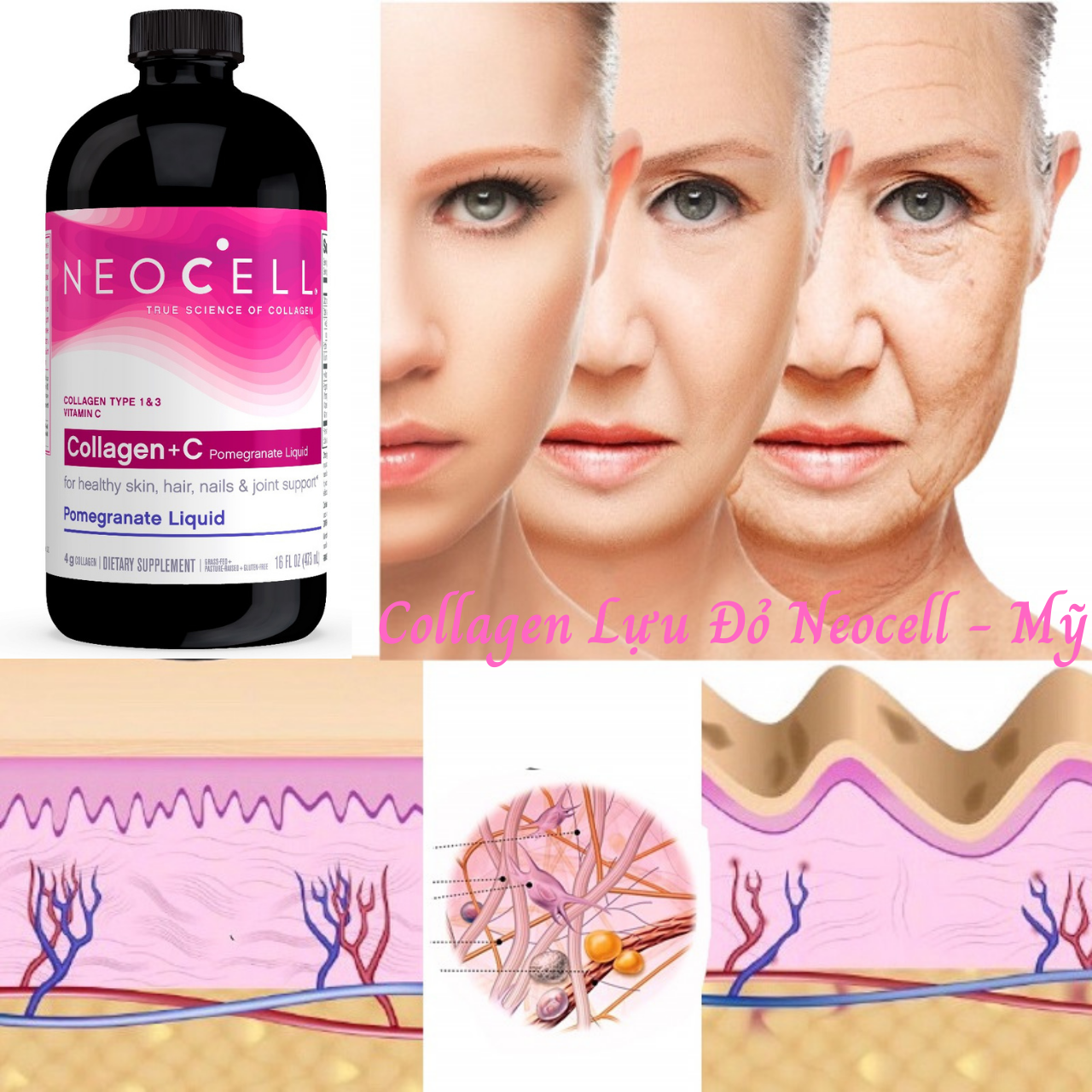 Collagen nước lựa đỏ Neocell Collagen +C Mỹ Tạo sức khỏe cùng đẹp từ bên trong cho da, tóc, móng, xương khớp - Massel Official – 473ml/chai