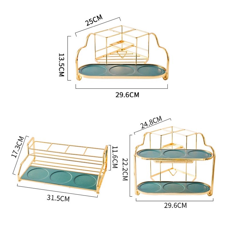 BỘ ĐỰNG GIA VỊ THỦY TINH SỨ 2 TẦNG ĐỂ GÓC 10 MÓN KHUNG KIM LOẠI MẠ VÀNG CAO CẤP - VD59