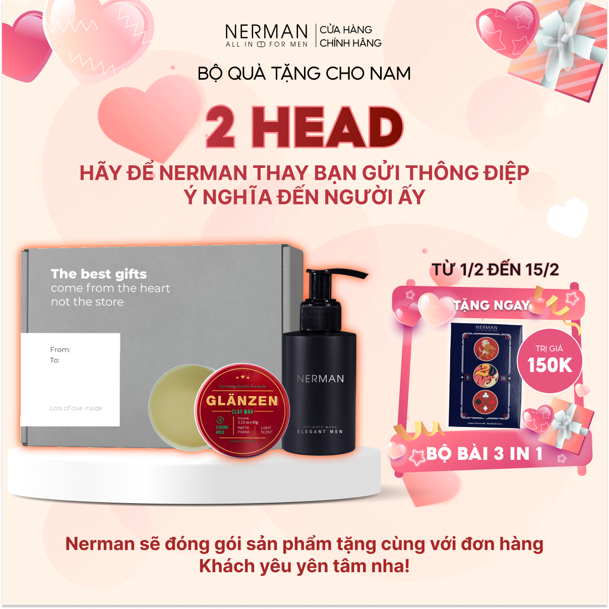 Bộ quà tặng cho nam 2 HEAD - Gel vệ sinh nam giới Sanda Perfume 100ml &amp; Sáp vuốt tóc nam Glanzen 60g