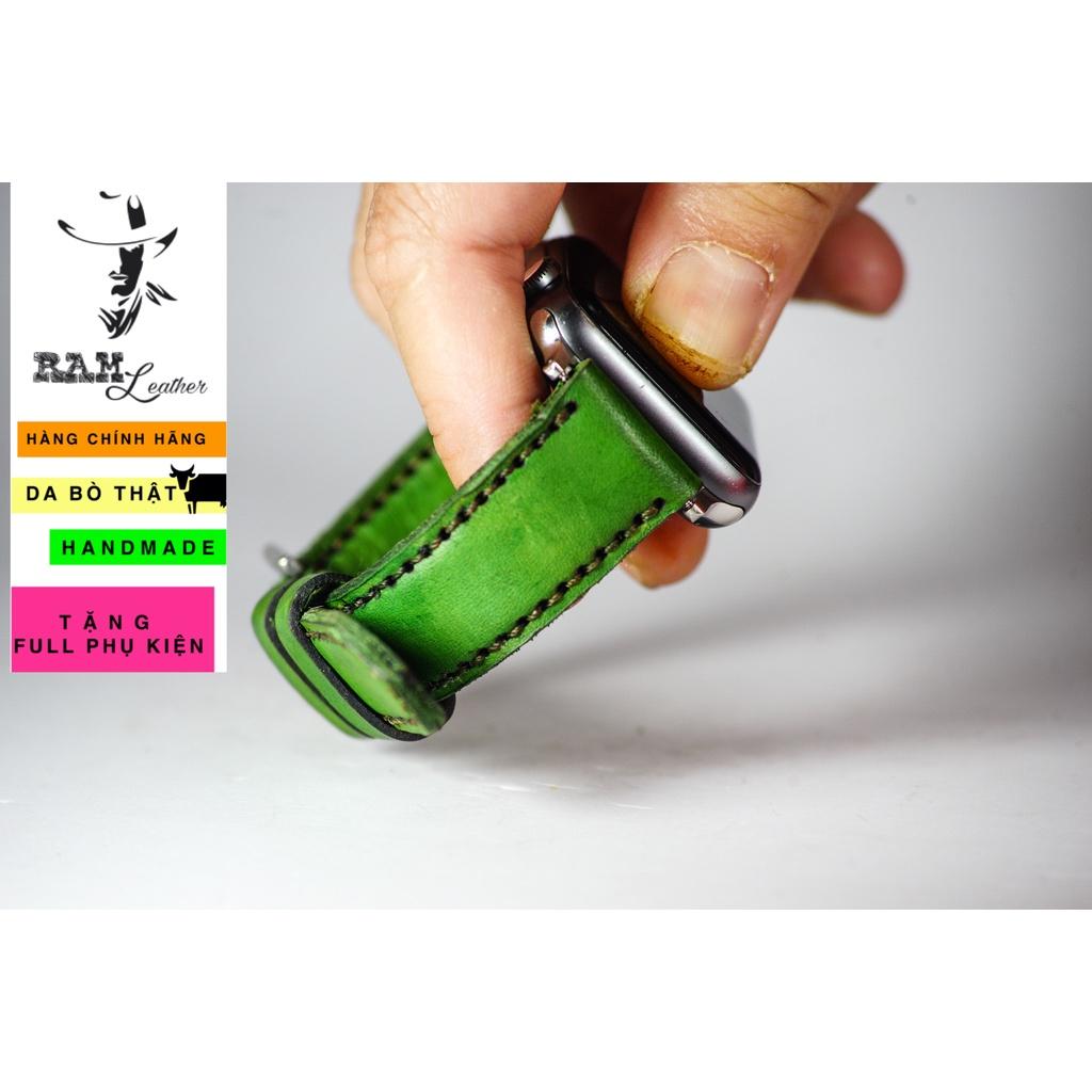 Dây đồng hồ da bò vegtan thảo mộc bền chắc màu xanh lục RAM Leather - tặng khóa chốt và cây thay dây