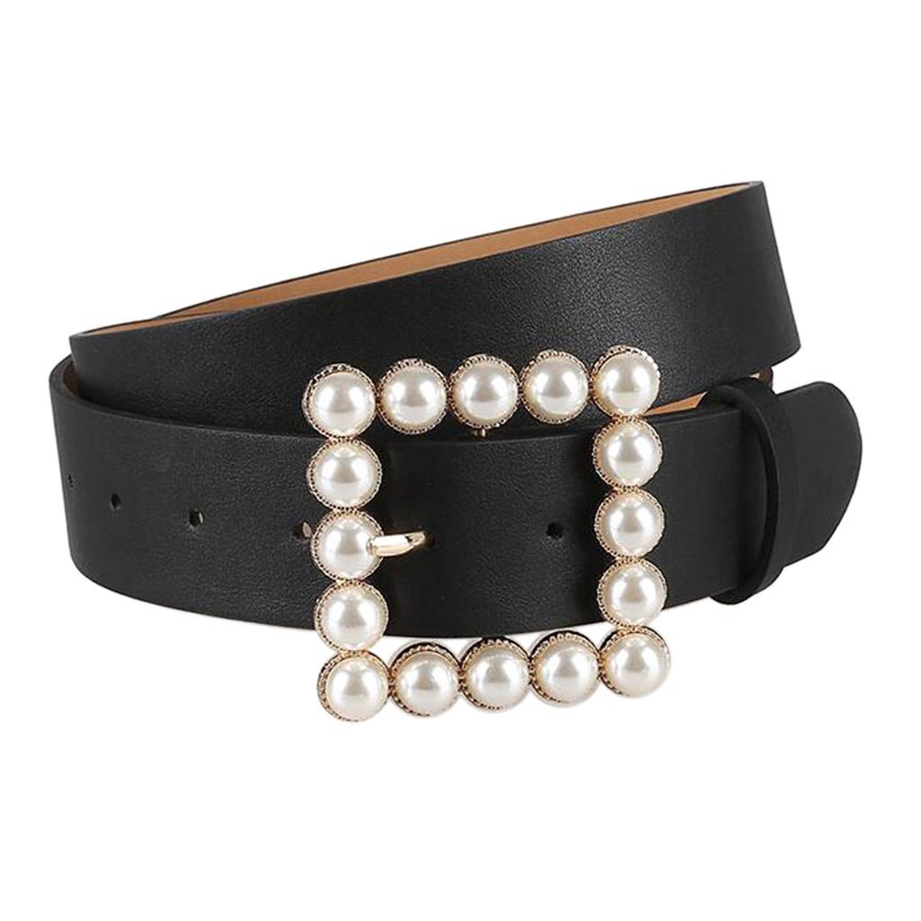 PU Leather Belt With Square Imitation Pearl Buckle