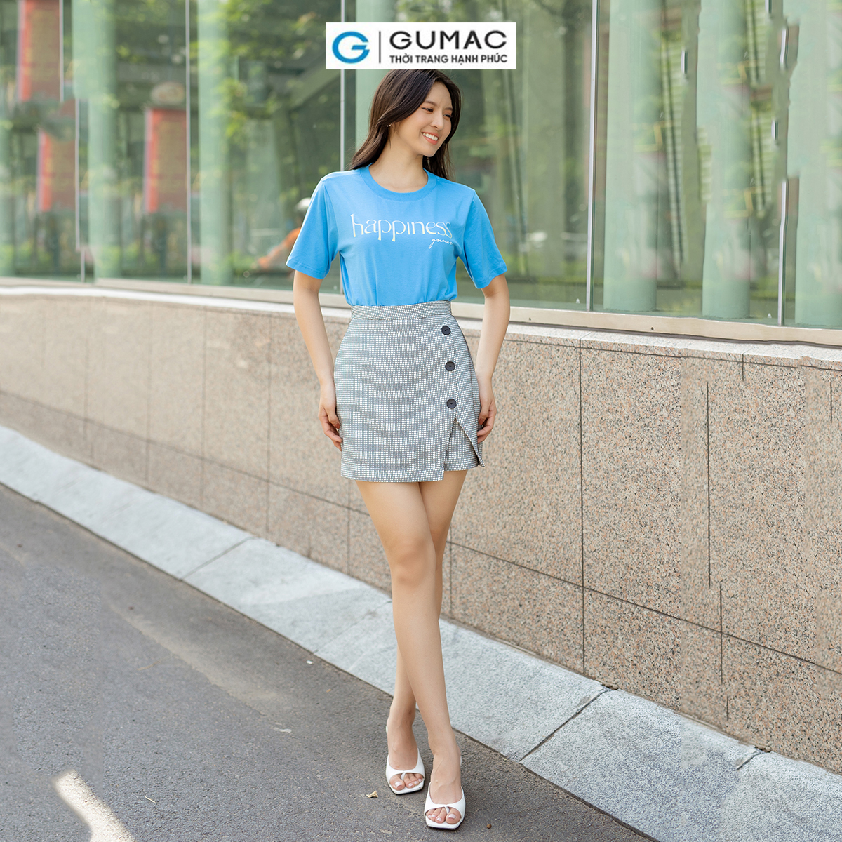 Áo thun nữ cotton tay ngắn cổ tròn in Happiness trẻ trung năng động thời trang GUMAC ATD07043