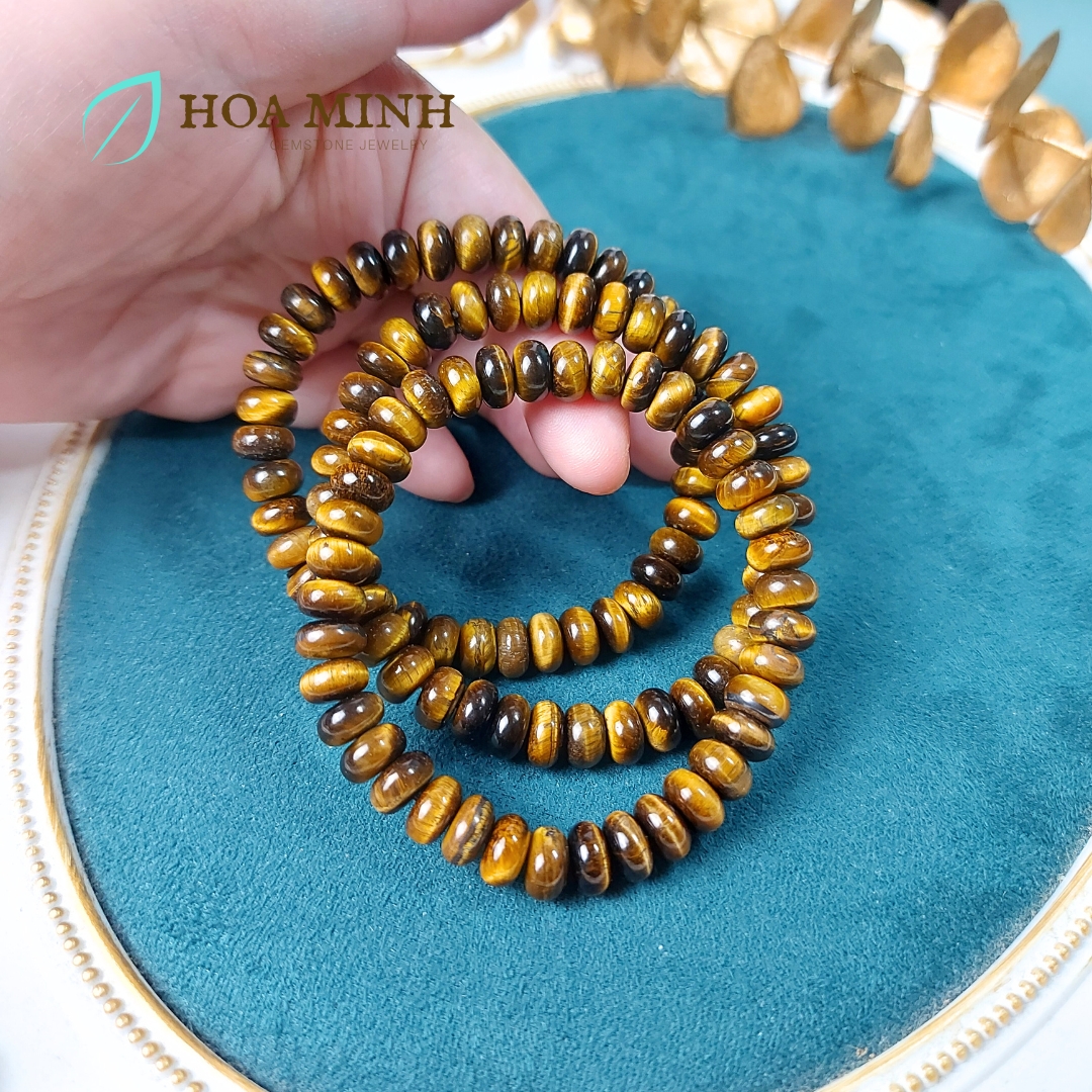 Vòng tay đá Mắt Hổ vàng nâu kiểu bánh xe size 8 li phong thủy tài lộc may mắn