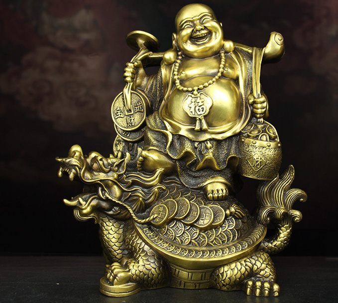 Tượng phật Di Lặc gánh tiền cưỡi long quy bằng đồng thau phong thủy