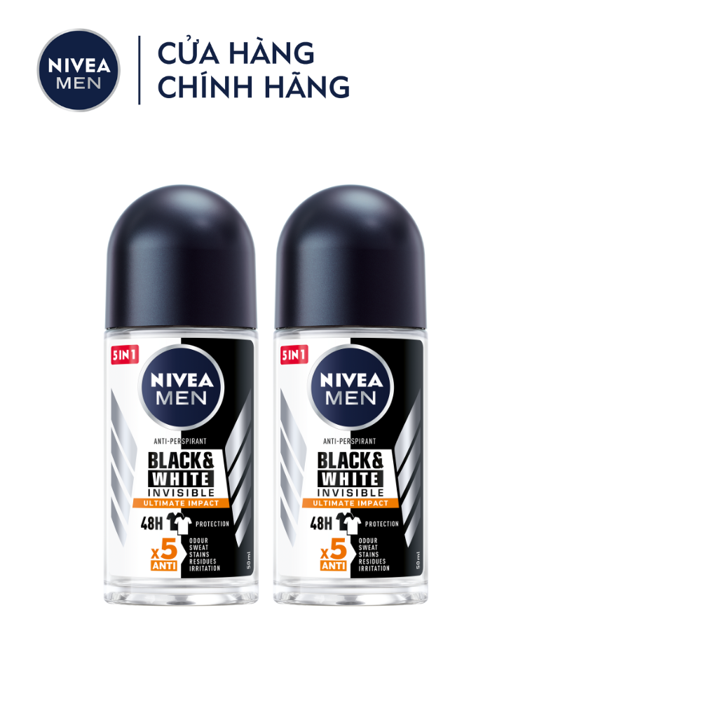Combo 2 Lăn Ngăn Mùi NIVEA MEN Black & White Ngăn Vệt Ố Vàng Vượt Trội 5in1 - 85392