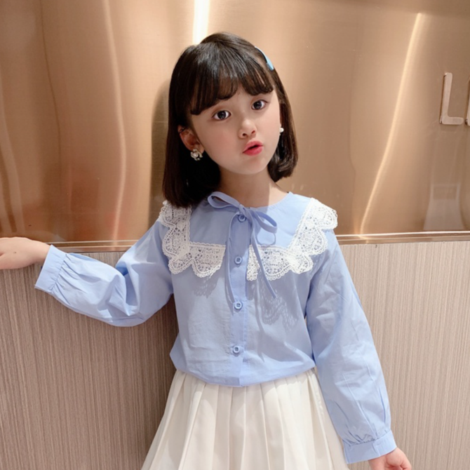 Áo sơ mi bé gái dài tay cổ phối ren 3-8 tuổi chất liệu vải thô cao cấp kiểu dáng thời trang