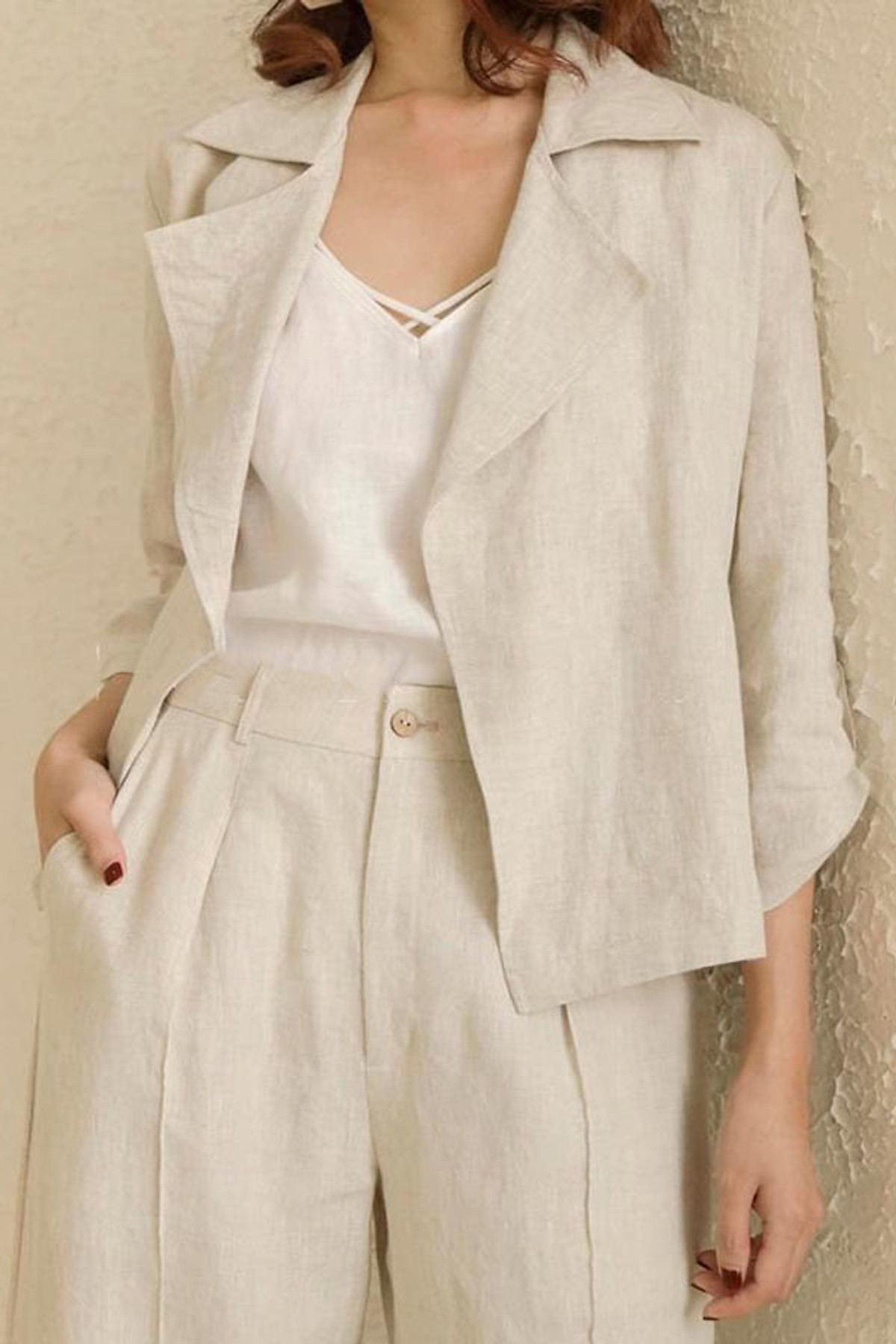 Áo khoác nhẹ blazer demi Linen tay lỡ, thời trang thu đông 2022