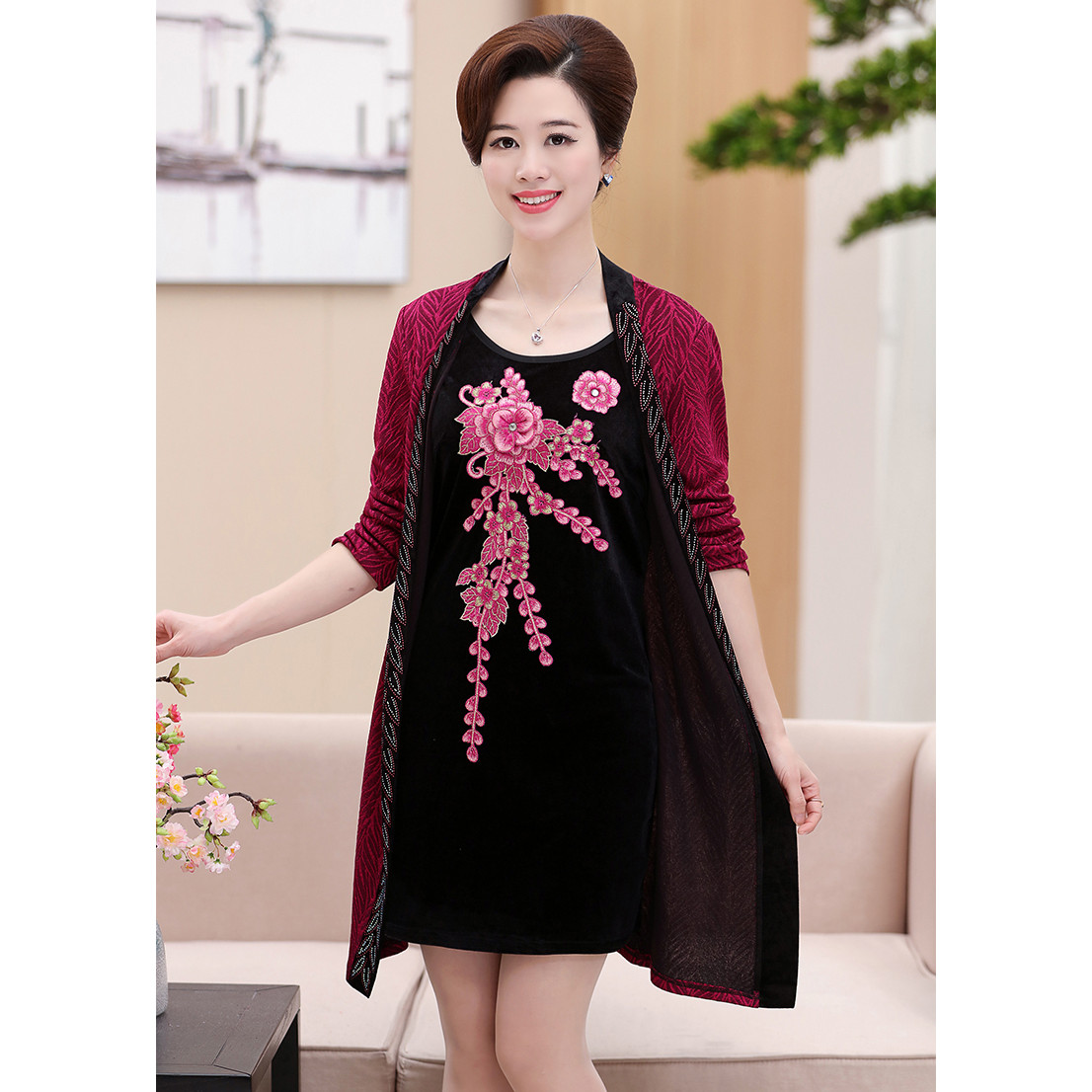 Áo choàng cashmere kè váy chất liệu nhung phong cách quý phái A41