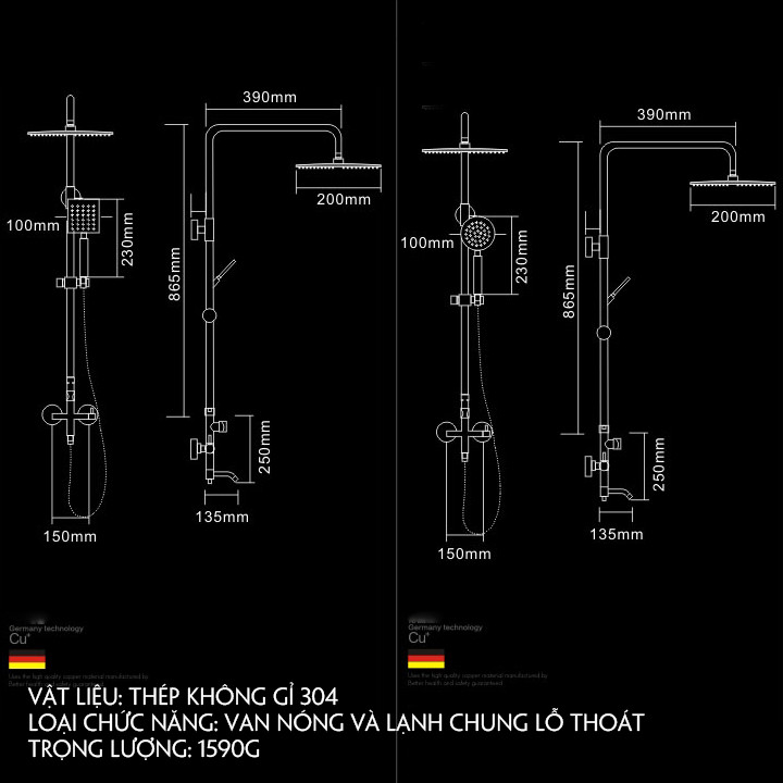 Sen cây tắm đứng INOX 304 nóng lạnh TOP221