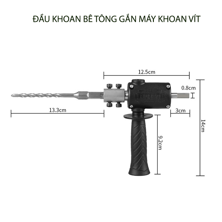 Đầu chuyển đổi máy khoan vít thành khoan bê tông, kèm mũi khoan d6mm
