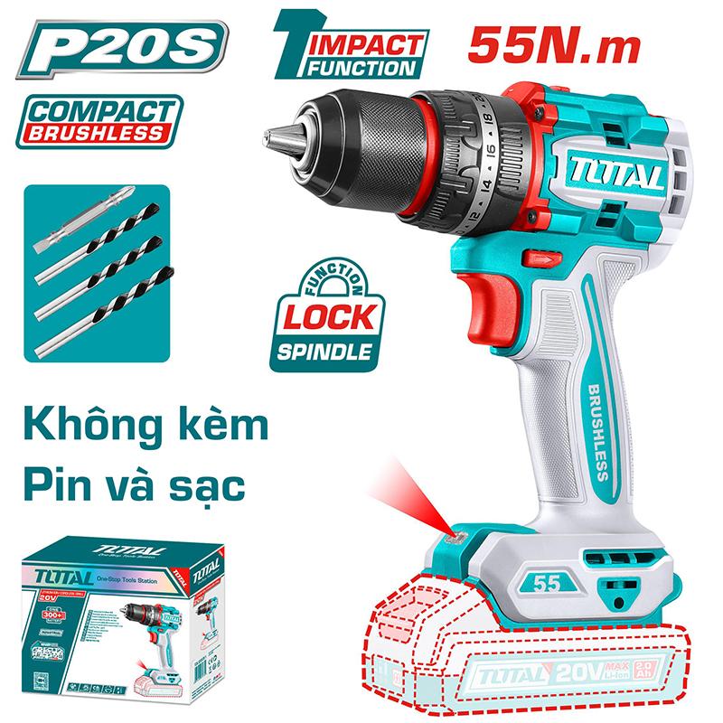 MÁY KHOAN BÚA KHÔNG CHỔI THAN DÙNG PIN 20V (KHÔNG KÈM PIN &amp; SẠC) 55NM TOTAL TIDLI205581 - HÀNG CHÍNH HÃNG