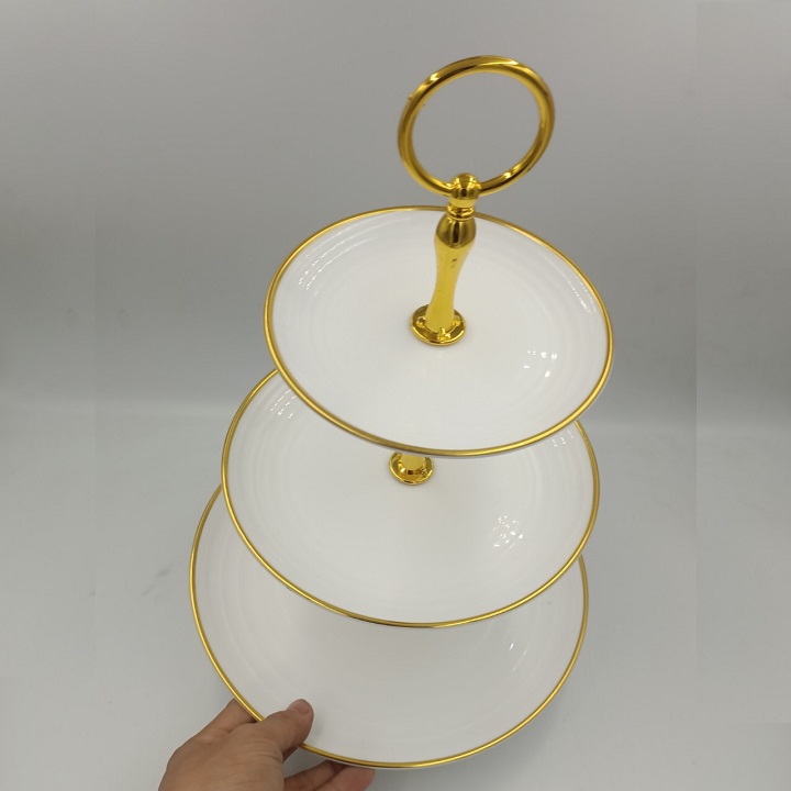 Khay Để Hoa Quả Bánh Kẹo Nhựa 3 Tầng Tròn Viền Vàng Sang Trọng