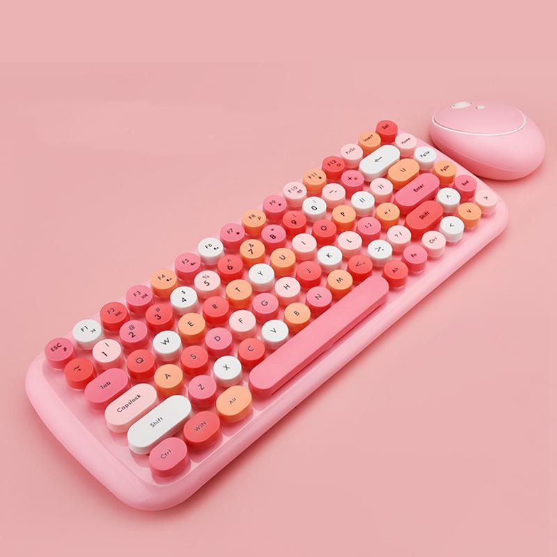 Bàn Phím Không Dây 2.4G Chuột Sản Phẩm Kẹo Màu Bé Gái Màu Hồng Roud Keycap Bàn Phím Cho Máy Tính Xách Tay Máy Tính Bạn Gái Giftand Chuột