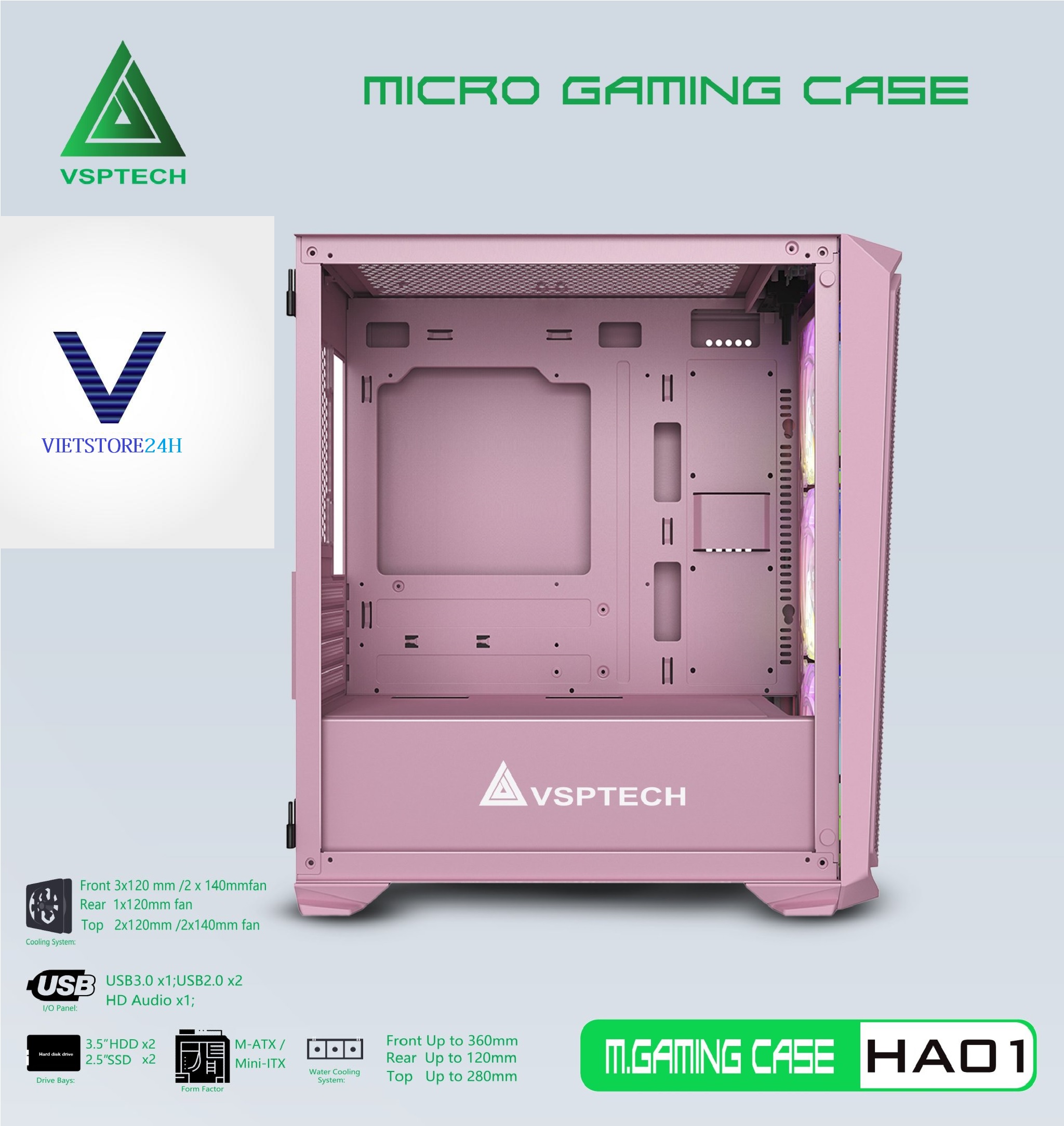 Case Gaming VSP HA01 Mini Tower (Hồng) - Hàng chính hãng