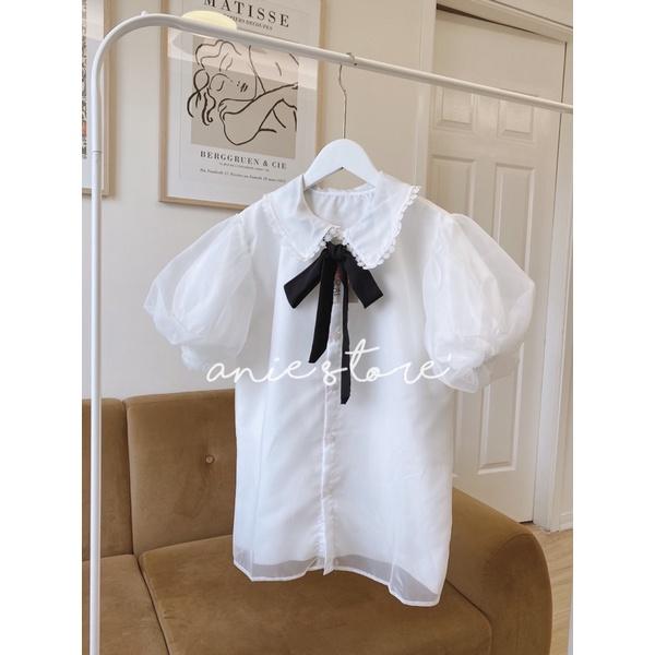 Áo Sơ Mi Babydoll Nữ Voan Tơ Phối Nơ Cổ  Áo Trắng Nữ Cộc Tay Nơ Đính Ngọc Cổ Phối Ren