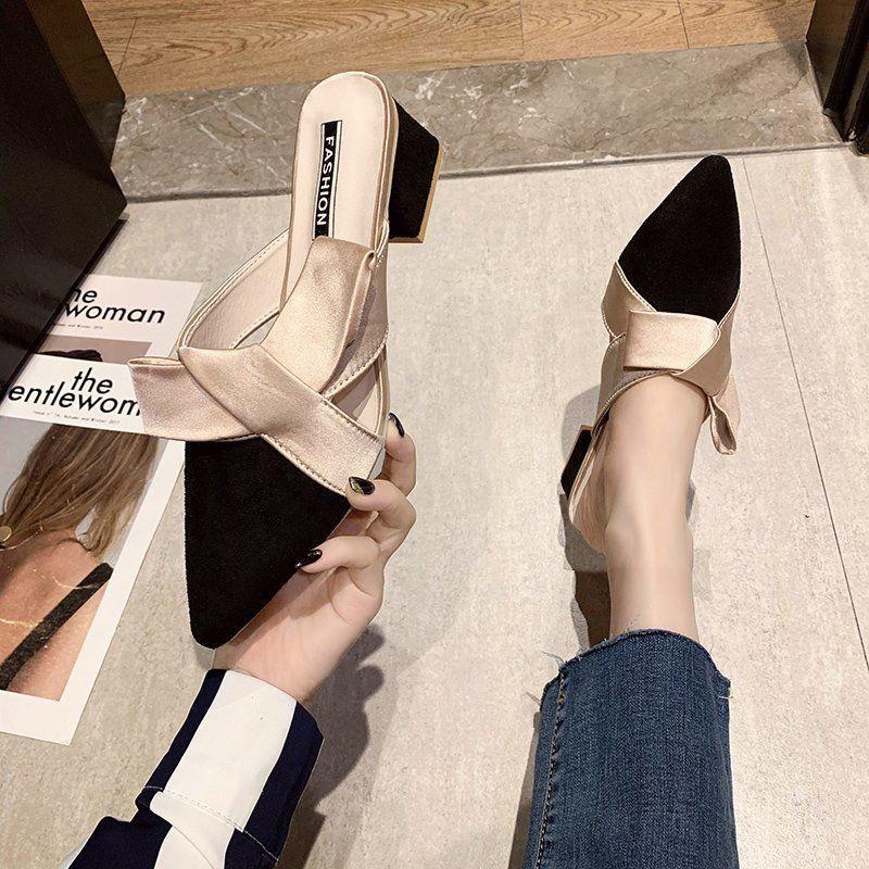 Dép cao gót mũi nhọn đính nơ thời trang mùa hè hàng mới dành cho bạn nữ 2021