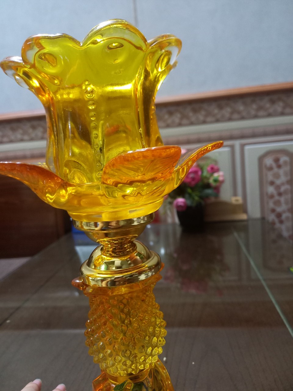 Đôi đèn thờ thủy tinh 1 bông hoa bóng đèn Led tiết kiệm điện năng cao 20 cm và cao 30 cm