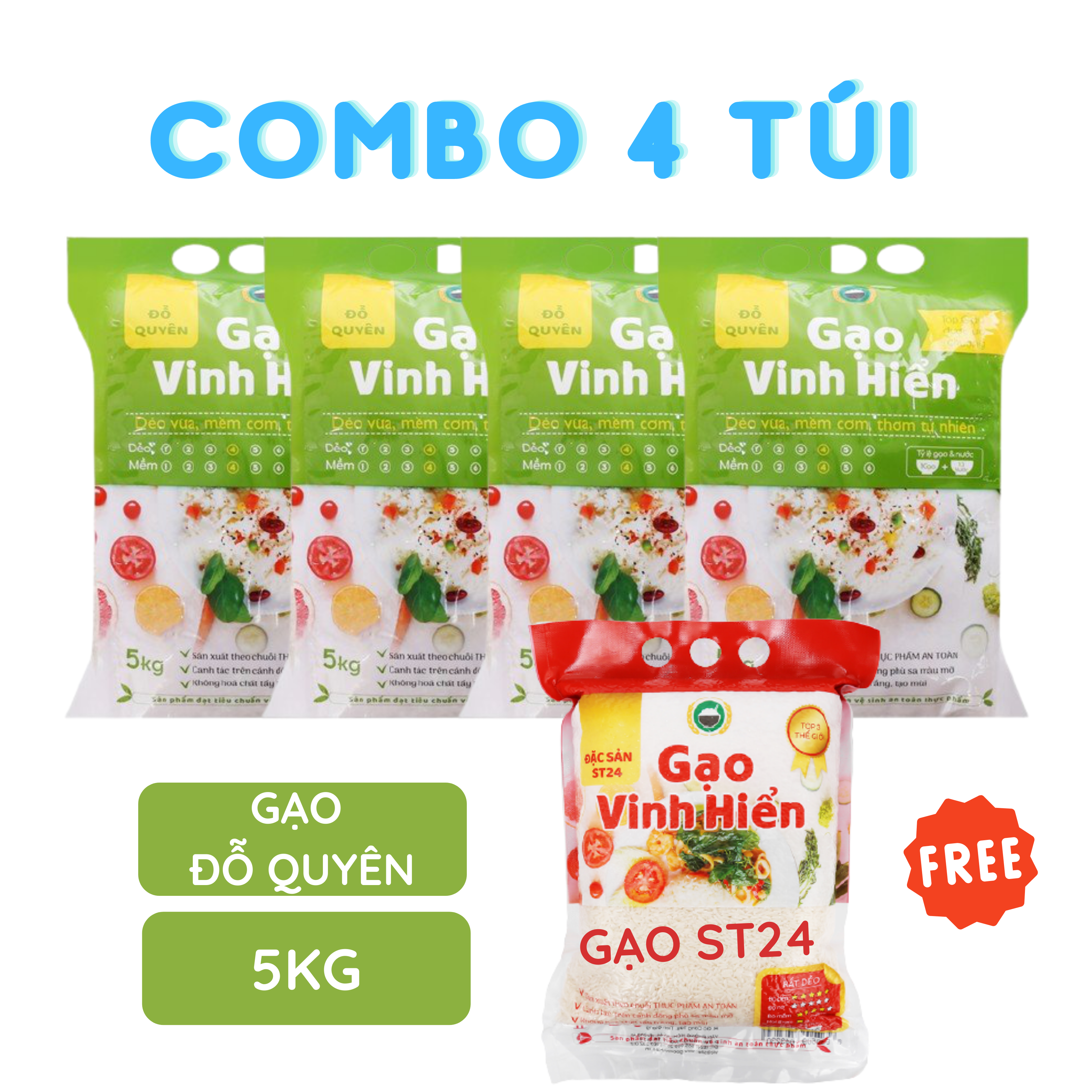 Đặc sản Tiền Giang - Combo 4 túi Gạo Đỗ Quyên 5kg tặng thêm 1 túi Gạo ST24 2kg - OCOP 4 SAO