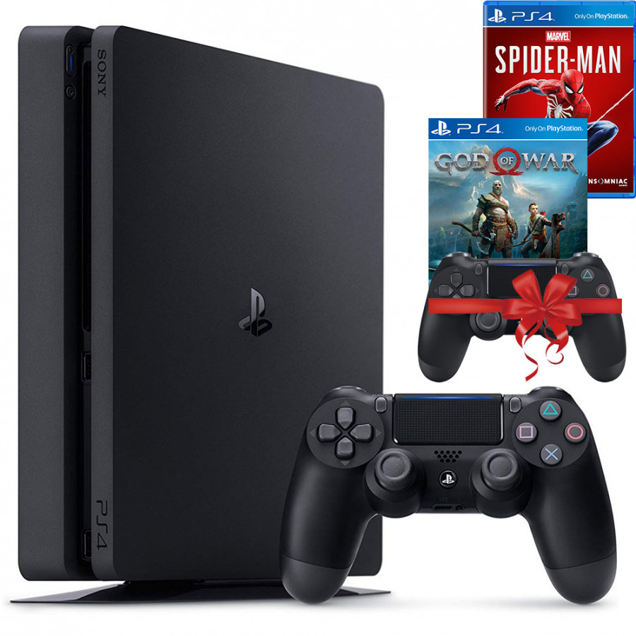 Bộ máy PS4 Slim 1TB CUH-2218B kèm 2 tay bấm + 2 đĩa game God Of War, Spider Man - Playstation Hàng chính hãng