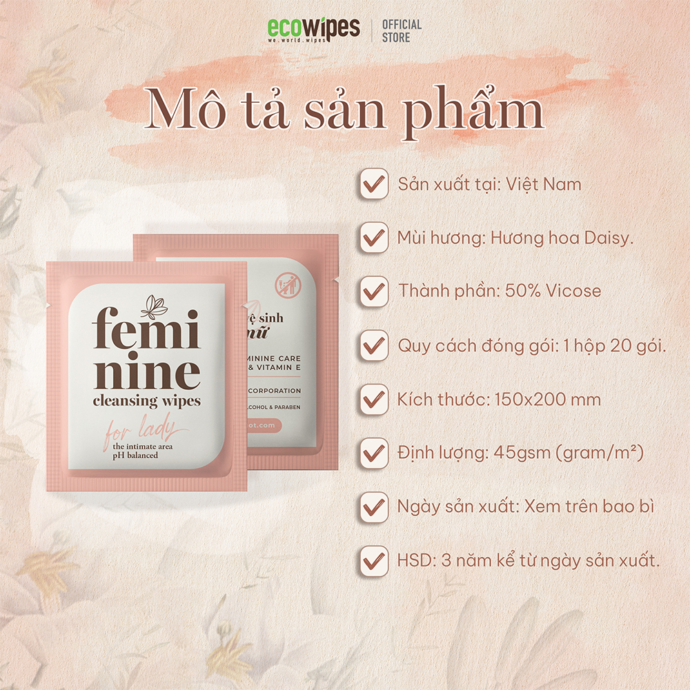 Combo 10 hộp 200 gói khăn giấy ướt phụ khoa Ecowipes travel size vệ sinh cá nhân phụ nữ hương Daisy size 15x20cm nhỏ gọn bỏ túi