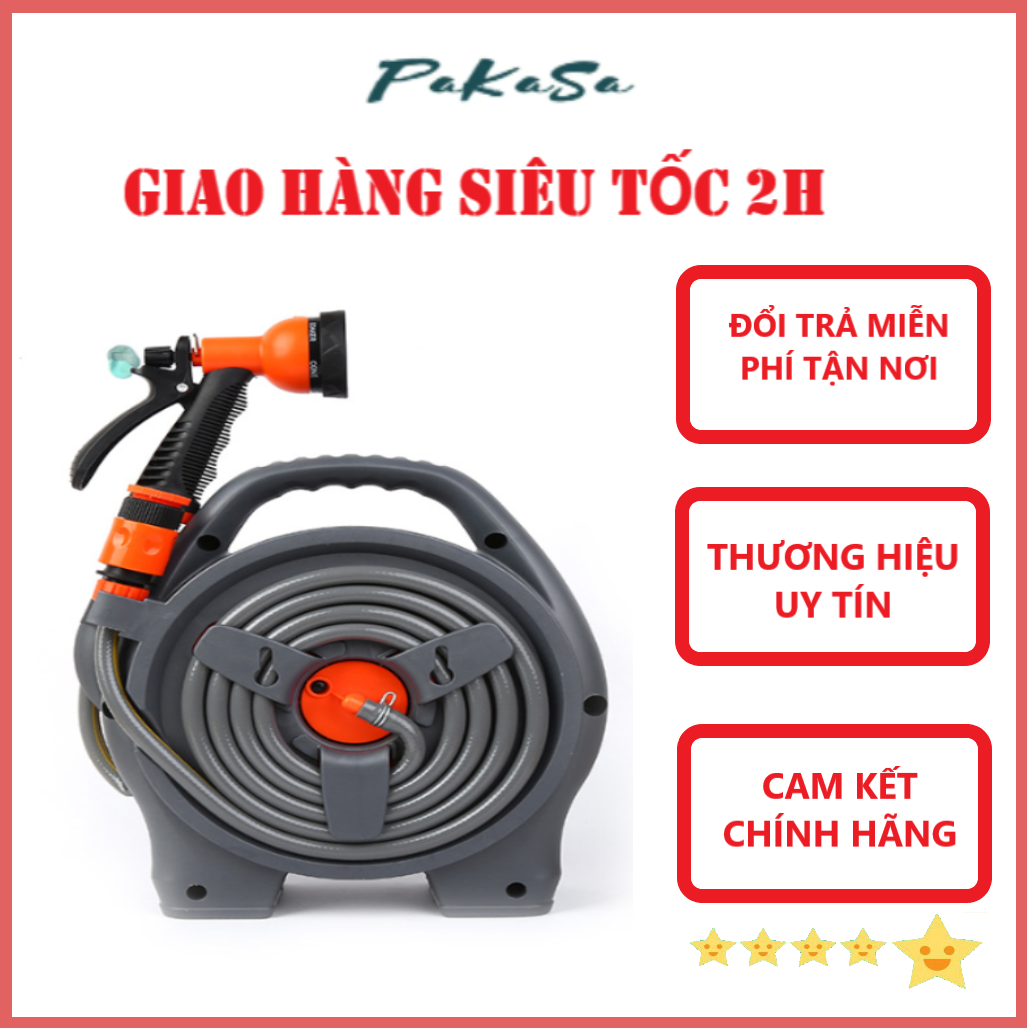 Bộ Vòi Rửa Xe Tưới Cây Thu Cuộn Ống Nước 12m Kèm Đầu Xịt Tăng Áp 6 Chế Độ - Hàng Chính Hãng