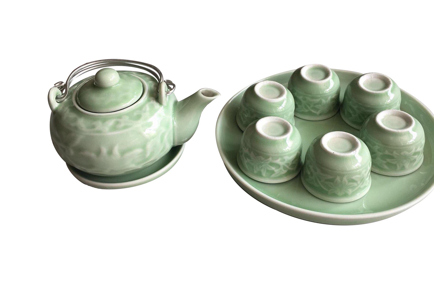 Bộ Bình Trà Gốm Sứ 6 Ly - Xanh Ngọc