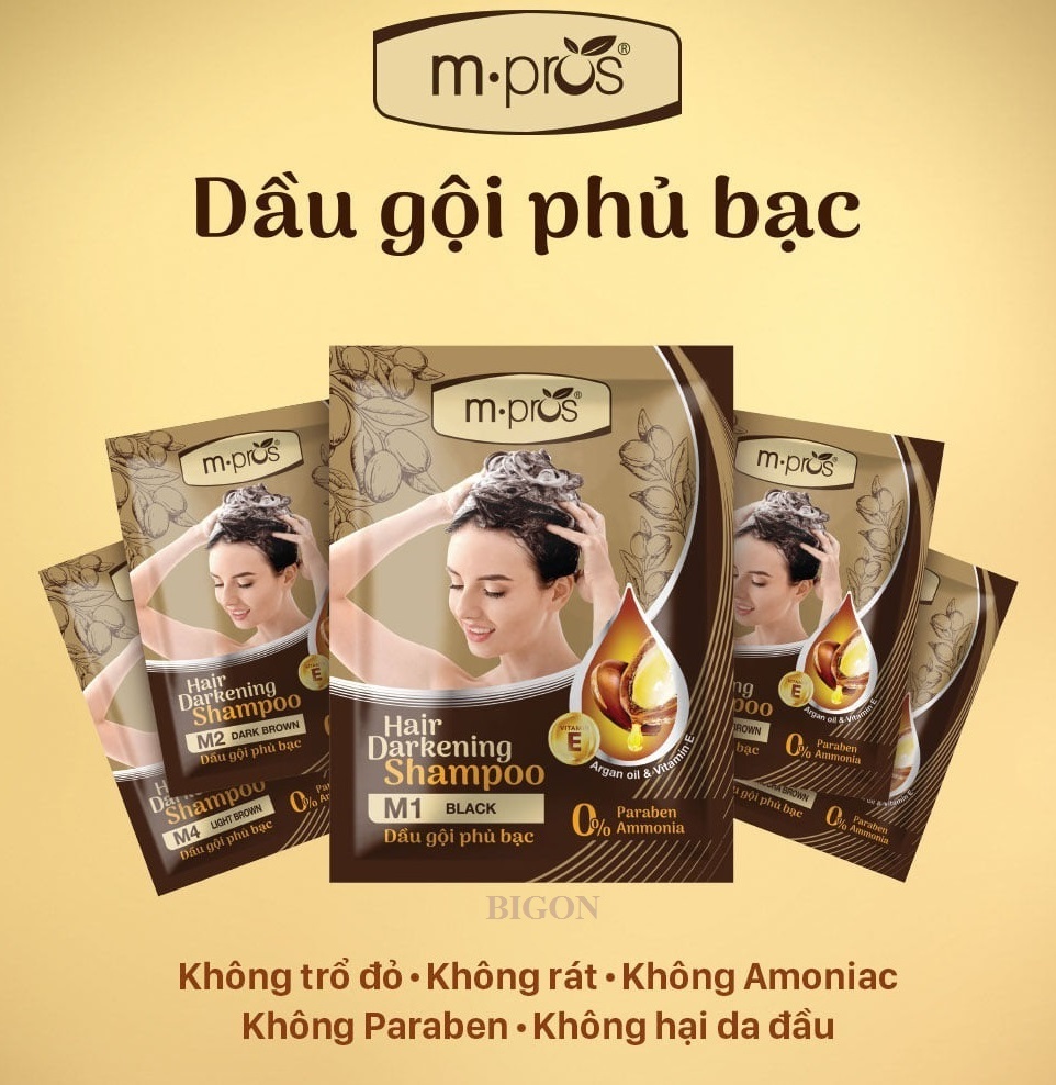 [Màu Đen] Dầu Gội Nhuộm Tóc Đen Phủ Bạc 100% Thảo Dược Siêu Dưỡng M.PROS 25ml - M1