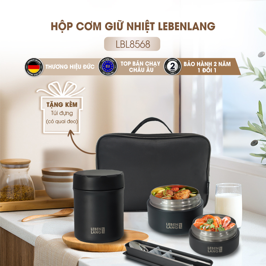 Hộp đựng cơm giữ nhiệt chân không bằng inox LEBENLANG LBL8568, 3 hộp riêng biệt, TẶNG kèm túi đựng giữ nhiệt - hàng chính hãng