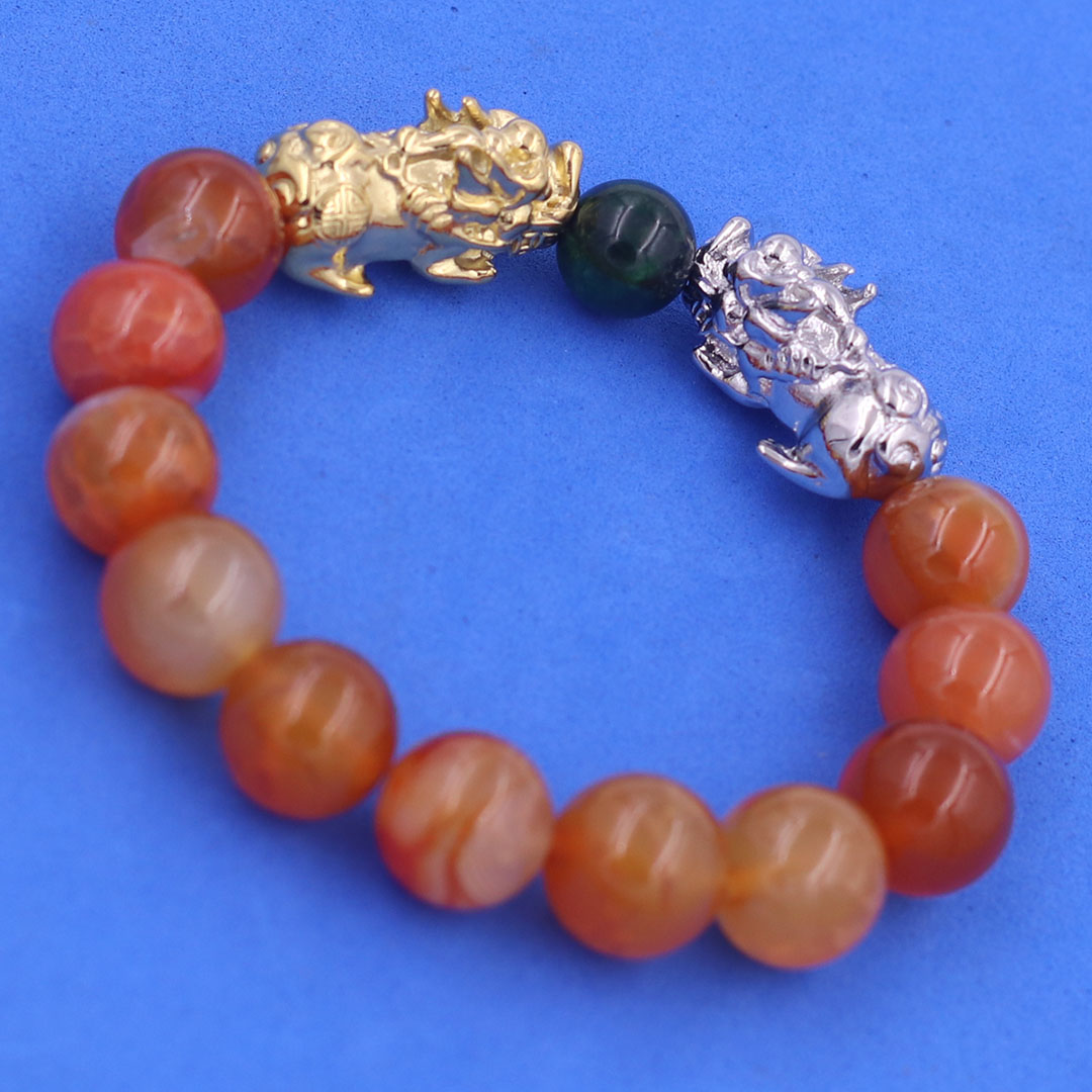 Vòng chuỗi đeo tay mã não cam 12 ly charm tỳ hưu đôi inox trắng và vàng, vòng chuỗi phong thủy, charm tỳ hưu, vòng tay hạt chuỗi