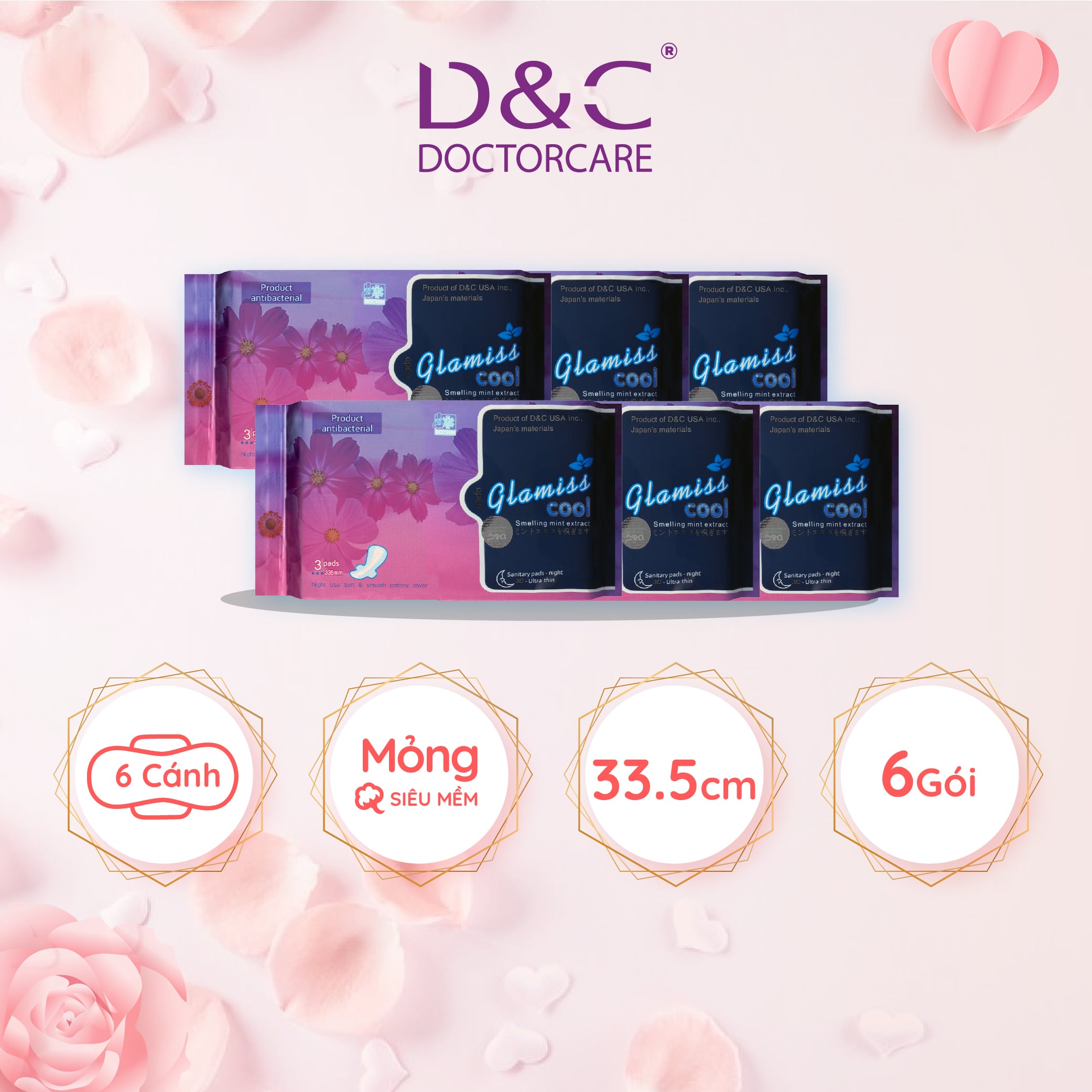Combo 6 Băng vệ sinh ban đêm Glamiss Cool thảo dược 33.8cm siêu mát siêu khô thoáng
