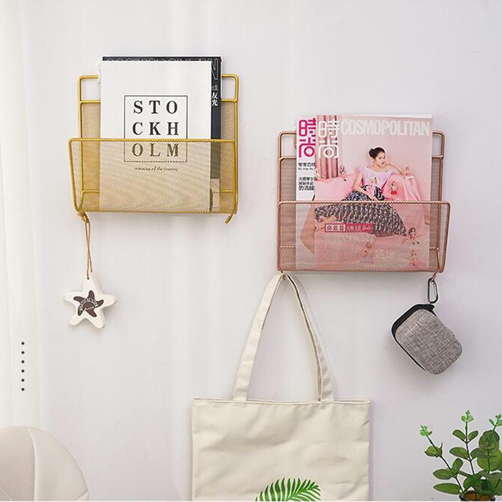 3X Wall Mount Metal Storage Basket Magazine Book Rack Shelf Holder Golden