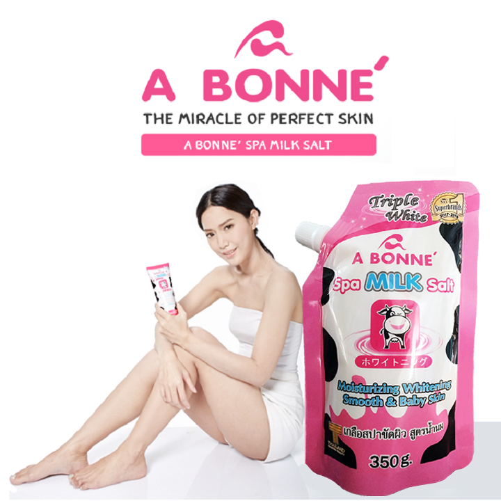 Muối Tắm Sữa Bò Tẩy Tế Bào Chết A Bonne Spa Milk Salt Nhập Khẩu Từ Thái Lan (350gram/Gói Có Vòi), Hạt Mịn Thơm Mùi Sữa, Giúp Làm Sạch Và Làn Da Mịn Màng