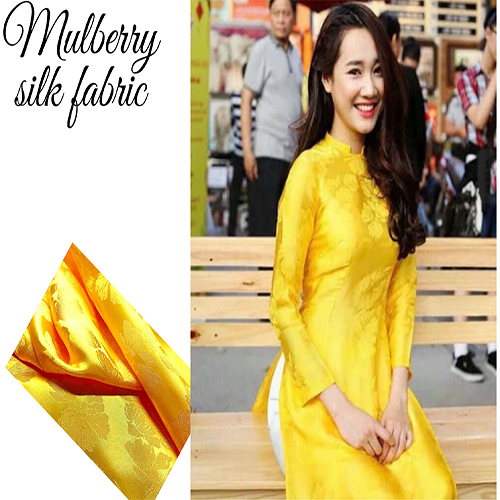 Vải Lụa Tơ Tằm hoa văn bèo sen màu vàng may áo dài, dệt thủ công, khổ rộng 90cm, mềm mượt & thoáng mát