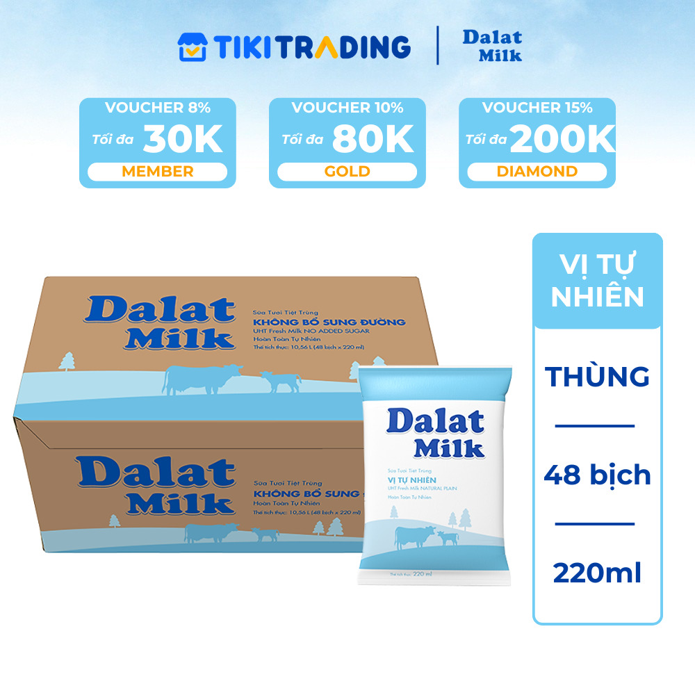 Thùng 48 bịch sữa tươi tiệt trùng Dalatmilk vị tự nhiên 220ml