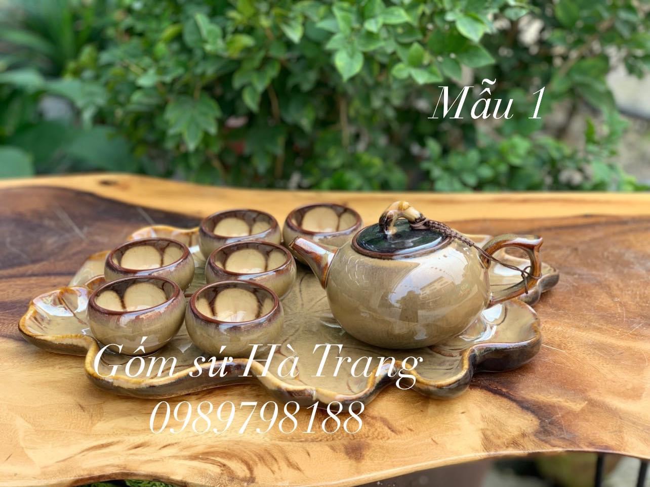 Bộ trà bộ ấm chén gốm sứ Bát Tràng cao cấp men hoả biến dung tích 400ml kèm khay sứ
