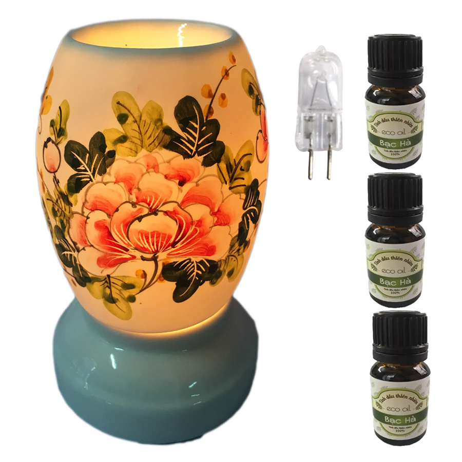 Đèn xông tinh dầu size L  AH34 và 3 tinh dầu bạc hà Eco 10ml và 1 bóng đèn