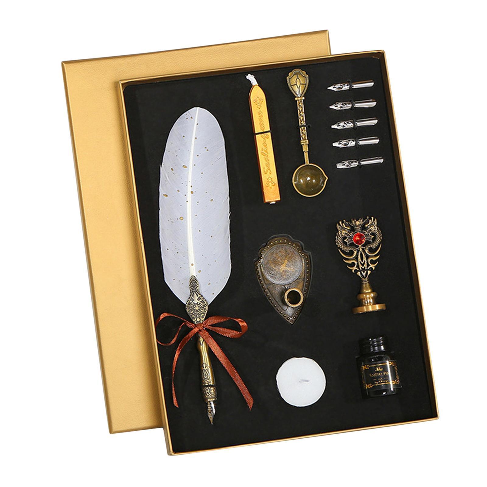Calligraphy Feather Pen Set Feather Dip Pen Bottle of Ink Anitque White