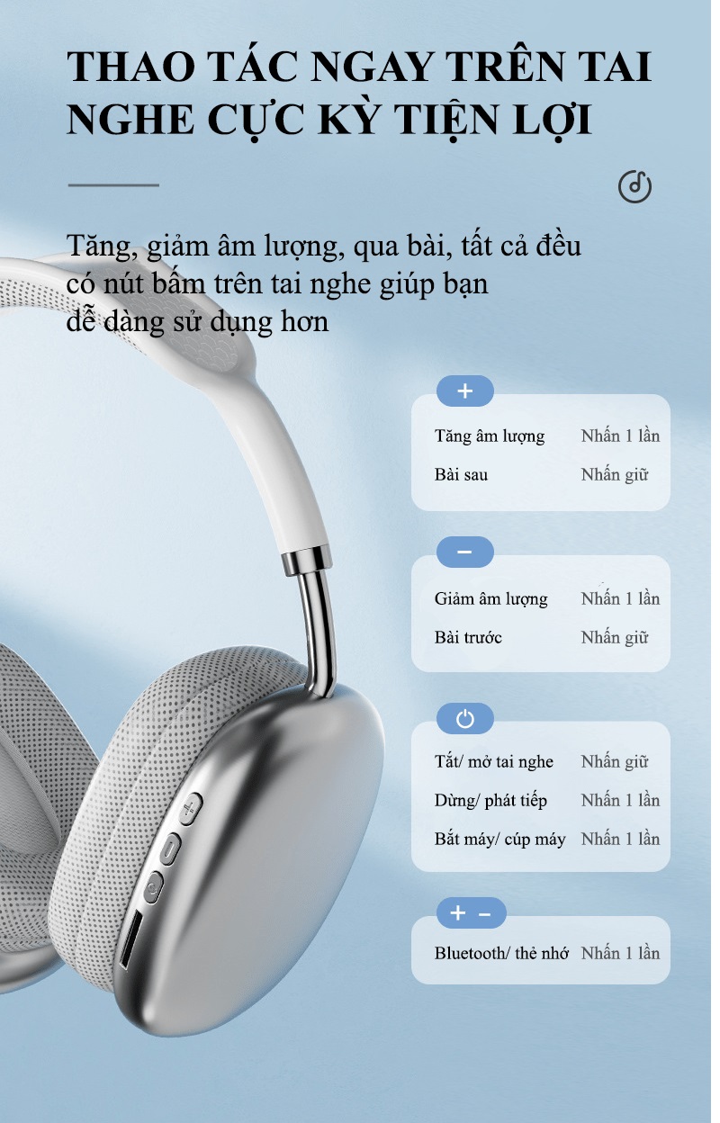 Tai nghe chụp tai P9 kết nối Bluetooth 5.1 xoay 360 độ có thể ghim thêm thẻ nhớ và cổng AUX 3.5mm - JL