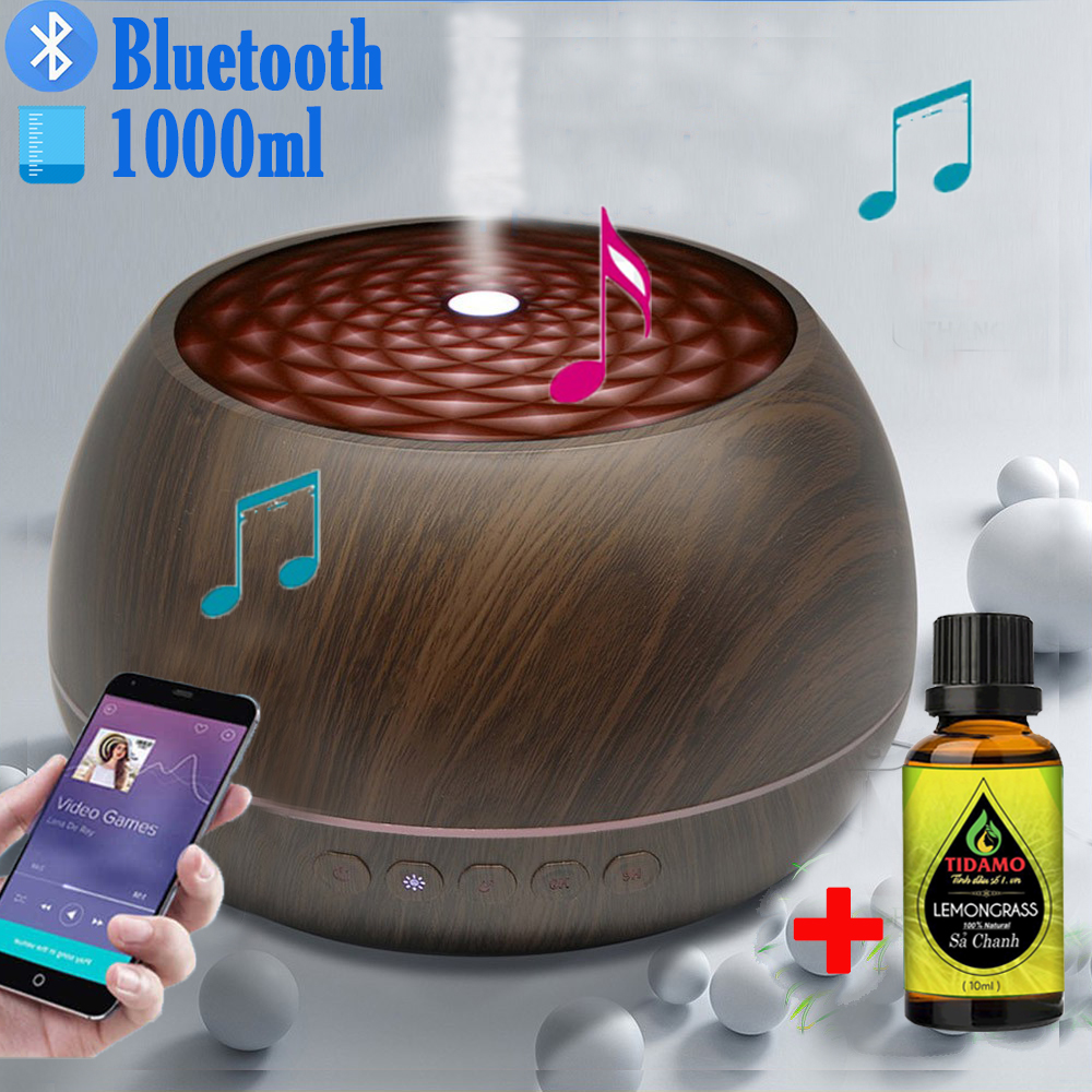 Combo Máy Khuếch Tán Tinh Dầu Nghe Nhạc Bluetooth + Tinh Dầu Sả Chanh Nguyên Chất - Máy Xông Tinh Dầu 1000ML Có Remote Điều Khiển Từ Xa, Đèn LED Nhiều Màu, Kết Nối Điện Thoại Nghe Nhạc Cực Hay