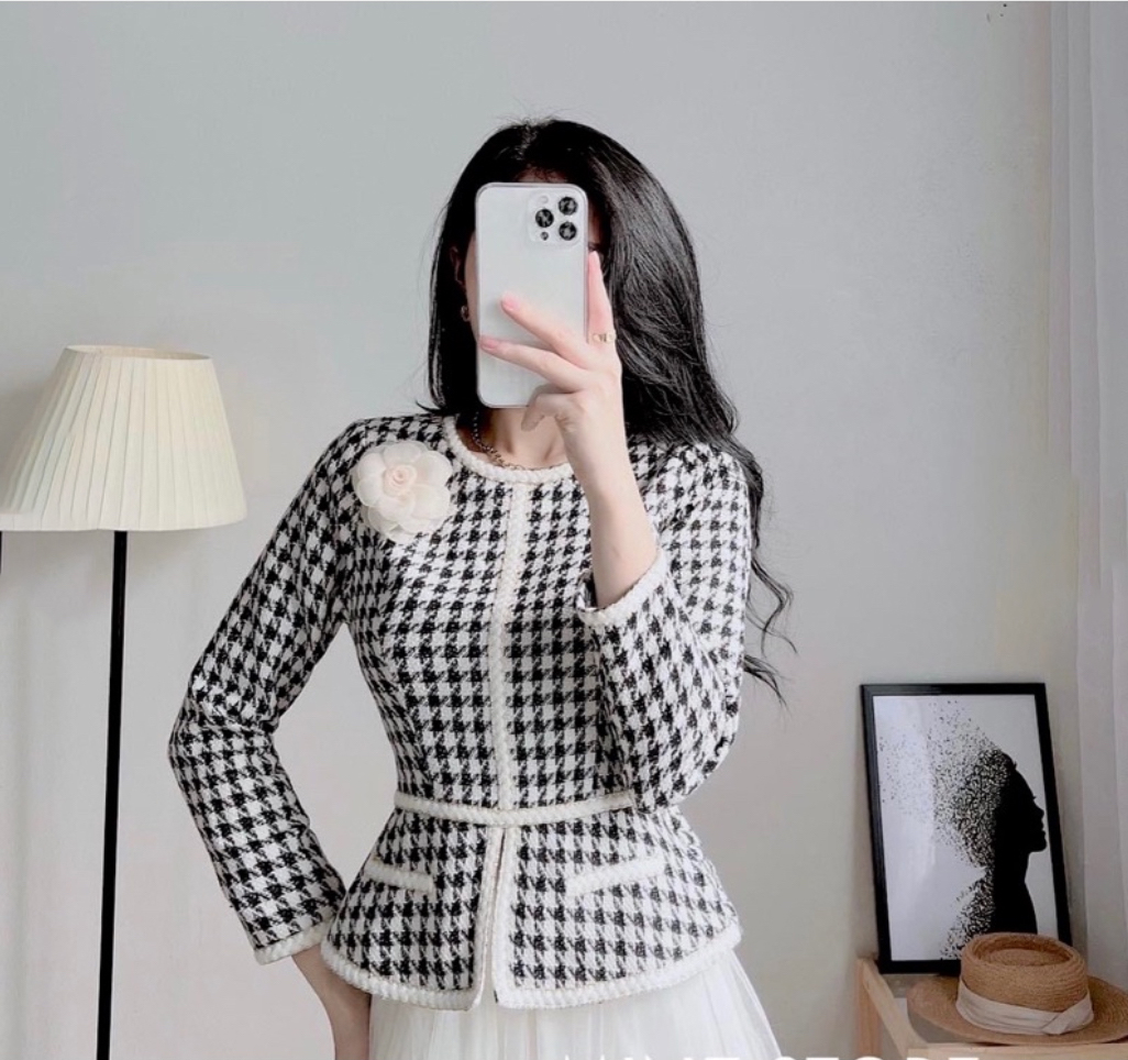 Áo dạ tweed trắng đen peplum công sở hàn quốc sang chảnh tay dài zíc zắc cao cấp