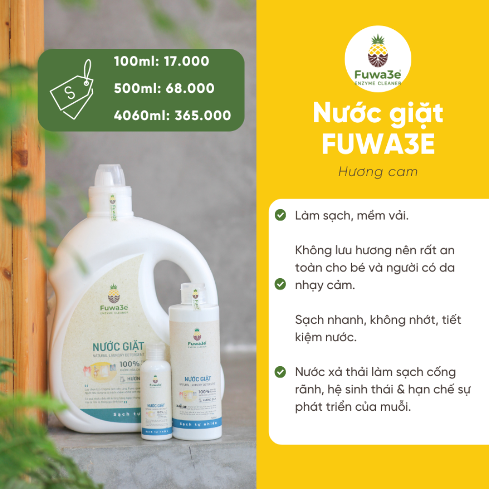 Nước giặt hữu cơ Fuwa3e organic sinh học 500ml giặt quần áo đồ lót, an toàn cho em bé