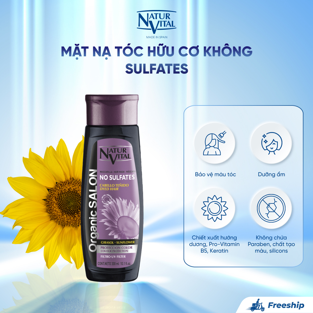 Mặt Nạ Tóc Hữu Cơ NaturVital Organic Salon No Sulfates Colour Protect Chiết Xuất Hoa Hướng Dương, Giúp Bảo Vệ Dưới Ánh Nắng, Giữ Màu Nhuộm Lâu Hơn, Cung Cấp Độ Ẩm Và Gỡ Rối (300ml)