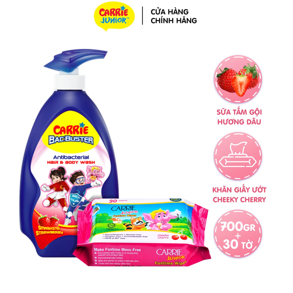 Combo Carrie Junior Sữa tắm Bacbuster hương Strawberry 700g + khăn giấy ướt hương Cheeky Cherry  30 tờ