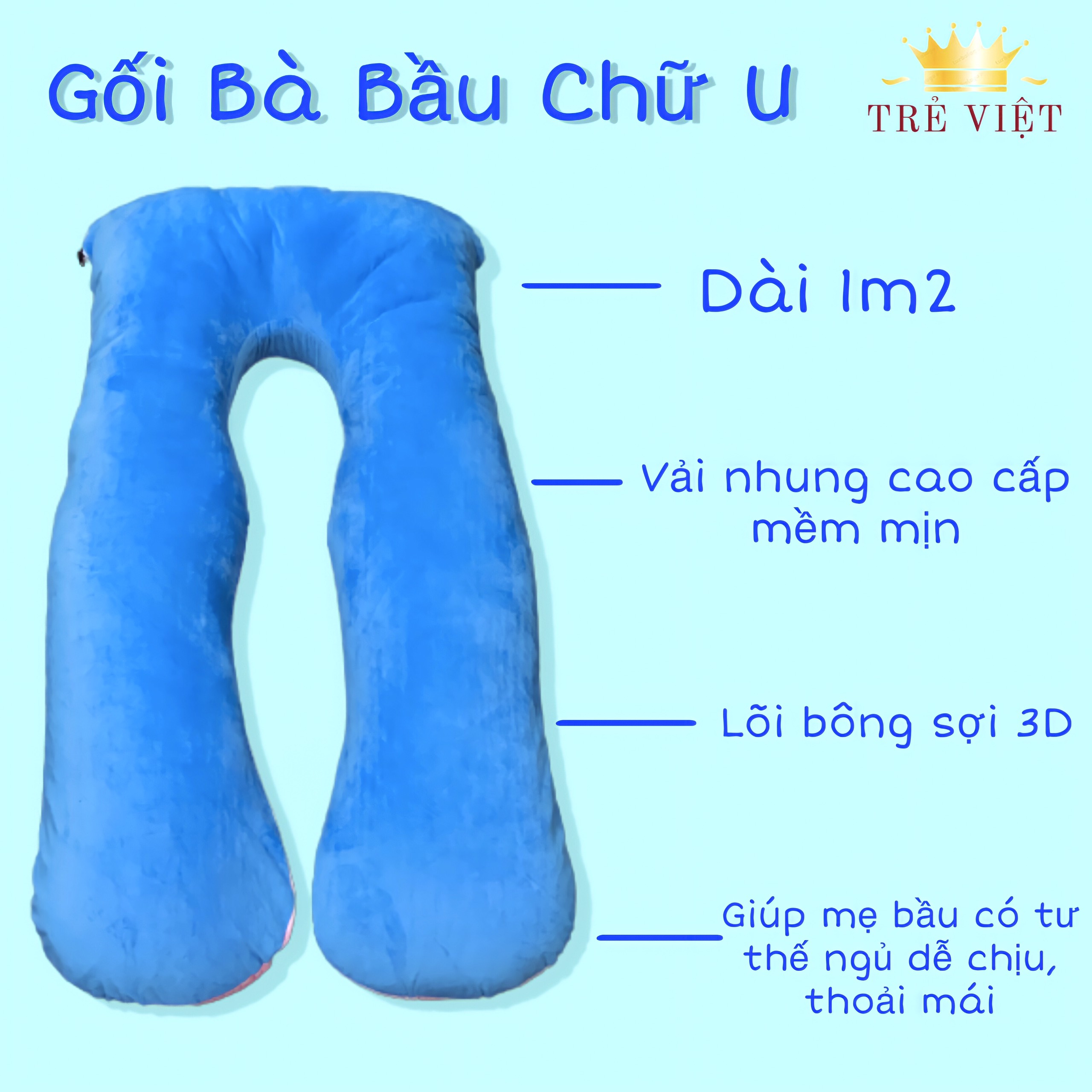 Gối ôm bà bầu, gối chữ U vải nhung cao cấp, lõi bông căng phồng êm ái, hỗ trợ nâng đỡ cơ thể, tránh tình trạng đau lưng.
