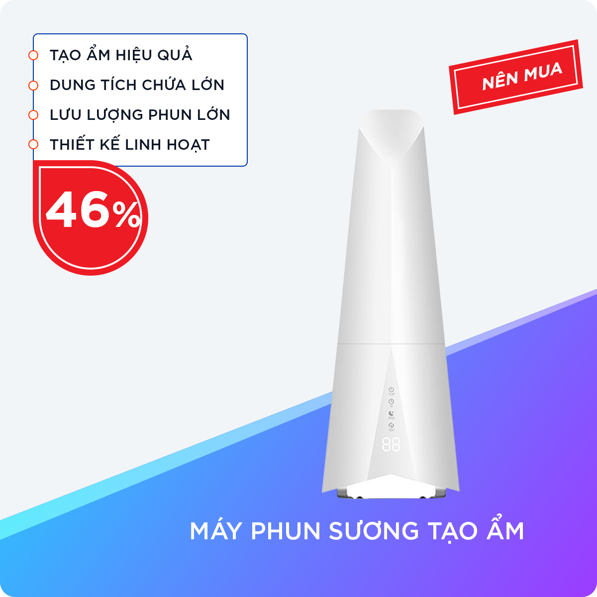 Máy Tạo Độ Ẩm Dung Tích 4L, Điều Khiển 3 Chế Độ Trang Bị Chức Năng Hẹn Giờ 12H Với Thiết Kế Vòi Phun Cao