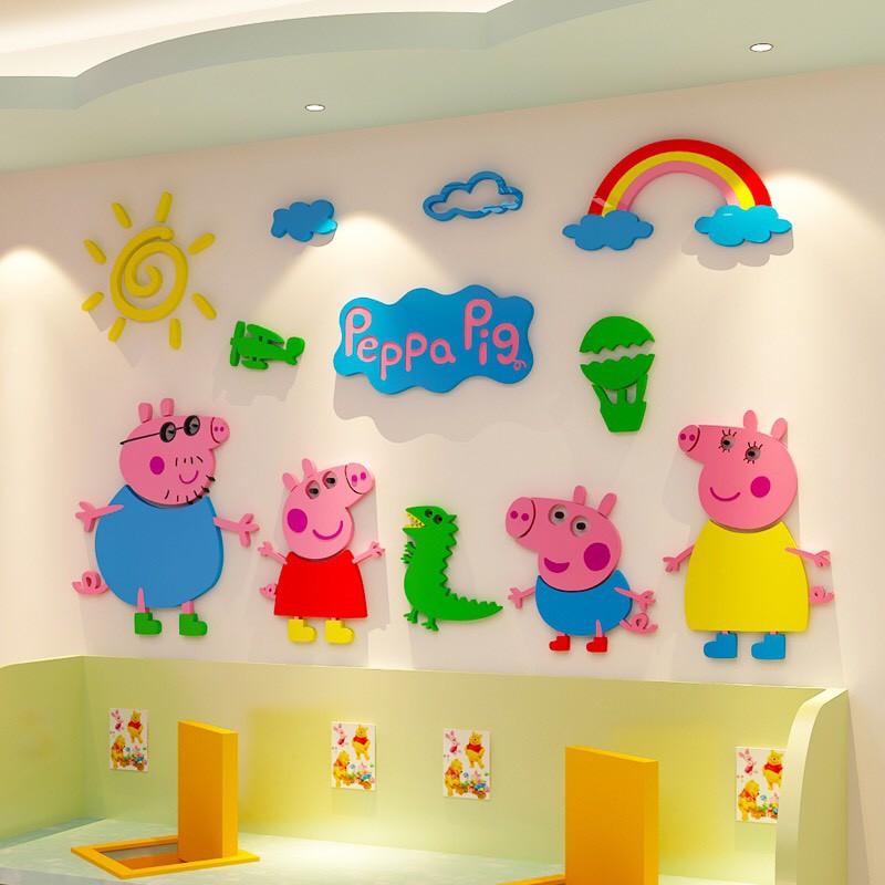 Tranh dán tường 3d cho bé, tranh mica 3D, Gia đình pepa pig, trang trí mầm non, trang trí khu vui chơi trẻ em