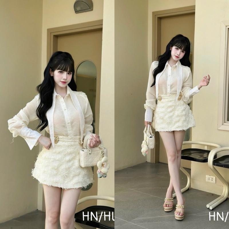 Set áo sơ mi chân váy,set đồ nữ sang chảnh,áo tơ chân váy dạ gơn phố sành điệu dễ thương by HL BY JOLIE - Be, Be