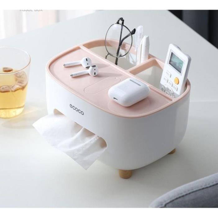 Hộp đựng khăn giấy trang trí để bàn có 2 hộc đựng đồ đa năng - Hộp khăn giấy chất liệu nhựa ABS