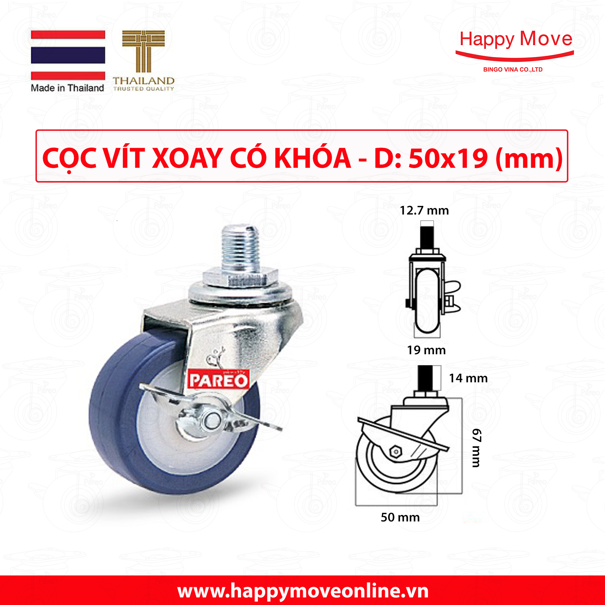 Bánh xe đẩy PU tải nhẹ cọc vít xoay khóa - 50-65-75mm - Happy Move Thái Lan