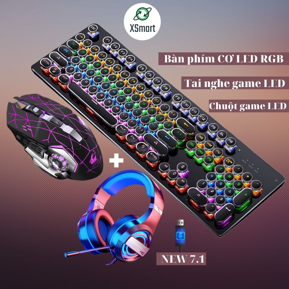 COMBO Bàn phím cơ và chuột XSmart kèm tai nghe chụp tai headphone máy tính laptop pc có LED Đổi Màu T907+V5 Tia sét+Q9 7.1 - Hàng Chính Hãng